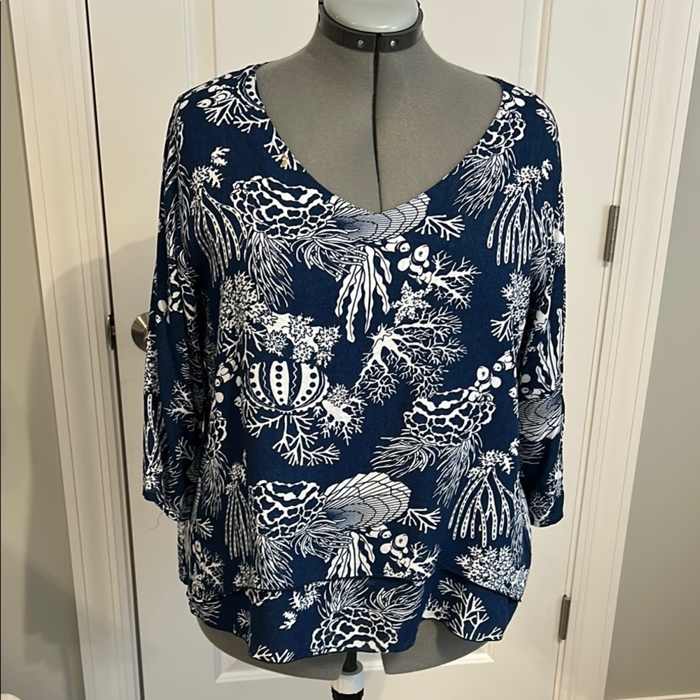Navy Blue and White 3/4 Sleeve Relaxed Tunic
